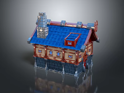 Cartoon Style House With Blue Roof Red Decorations Chimney And Stone Base 3d model