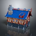 Cartoon Style House With Blue Roof Red Decorations Chimney And Stone Base