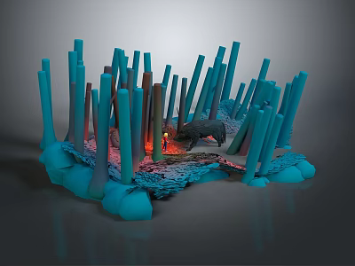 Abstract Model With Blue Brown Columns Central Black Animal Like Object And Red Glowing Base 3d model