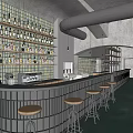 Industrial Style Bar Interior Design With Wooden Stools And Wall Of Alcohol Bottles