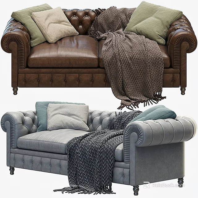Brown Leather And Gray Two Seater Sofas With Tufted Design Cushions And Throw Blankets 3d model 