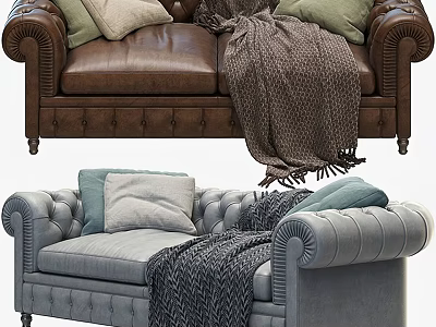 Brown Leather And Gray Two Seater Sofas With Tufted Design Cushions And Throw Blankets 3d model