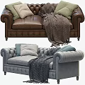 Brown Leather And Gray Two Seater Sofas With Tufted Design Cushions And Throw Blankets 3d model