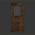 Rusty Brown Wooden Door With Vertical Metal Bars And Old Rustic Appearance