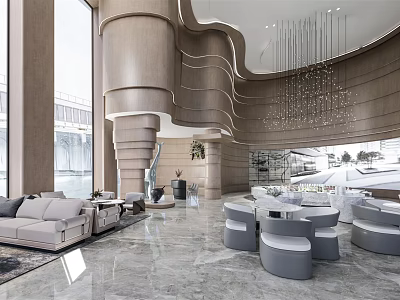 Modern Sales Office Interior With Curved Structure Chandelier Sofas And Marble Flooring 3d model