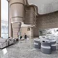 Modern Sales Office Interior With Curved Structure Chandelier Sofas And Marble Flooring