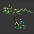 Cartoon Scene With Brown Tree Black Bird White Flowers Green Leaves And Purple Flowers On Grass
