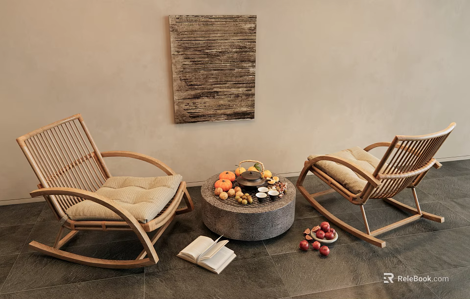 Rattan Lounge Chairs Beige Cushions Round Stone Table Fruits Tray Open Book Abstract Wall Art 3d model 