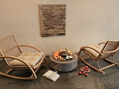 Rattan Lounge Chairs Beige Cushions Round Stone Table Fruits Tray Open Book Abstract Wall Art 3d model