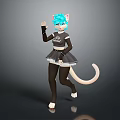 Game Movie Character With Blue Hair Cat Ears White Tail And Black Outfit Waving Pose