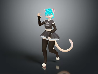 Game Movie Character With Blue Hair Cat Ears White Tail And Black Outfit Waving Pose 3d model