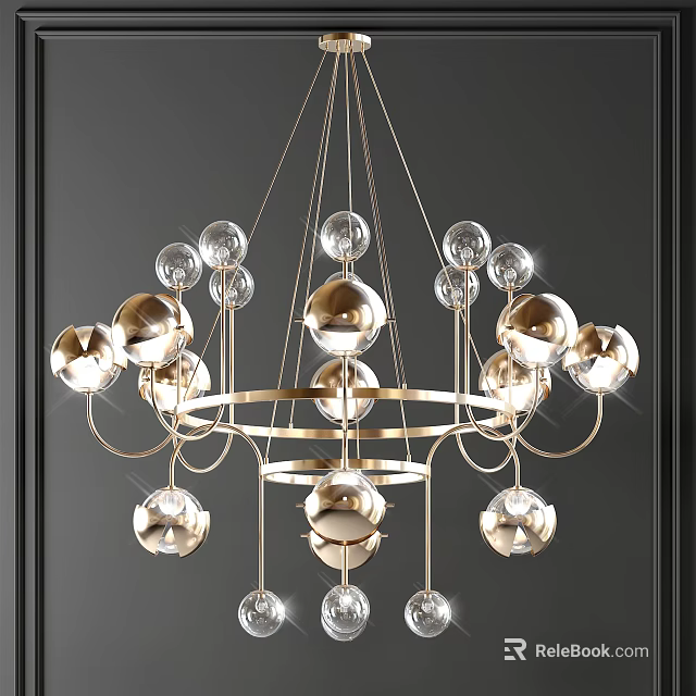 Modern Elegant Chandelier Featuring Golden Frame And Transparent Spheres 3d model 