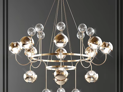 Modern Elegant Chandelier Featuring Golden Frame And Transparent Spheres 3d model