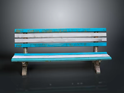 Architectural Outdoor Weathered Blue And White Wooden Slat Bench With Stone Legs 3d model