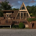 Cozy A Frame Wooden House Interior With Large Glass Windows Staircase And Sofa