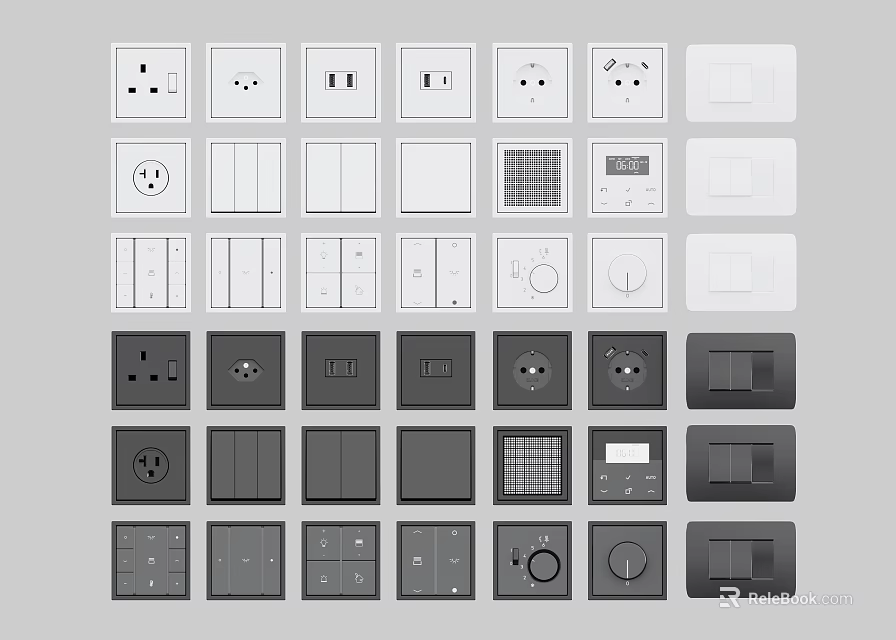 Various Design Switch Panels With White And Dark Gray Styles And Functional Features 3d model