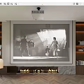 High Definition Projection Monitoring System in Modern Living Room With Large Screen Fireplace and Wooden Shelves