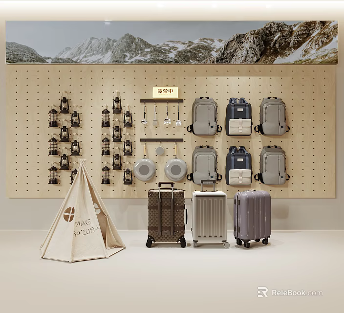 Display of Luggage and Backpacks on Wooden Pegboard with Mountain Backdrop and Canvas Tent 3d model 