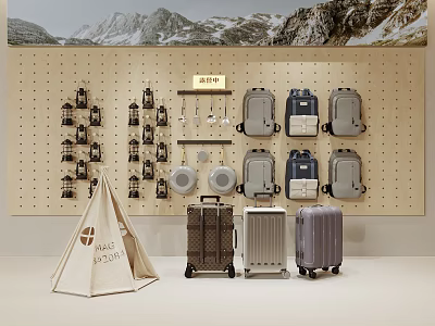 Display of Luggage and Backpacks on Wooden Pegboard with Mountain Backdrop and Canvas Tent 3d model