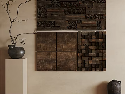 Natural Wooden Wall Decor With Carved Patterns And Spliced Panel Designs 3d model