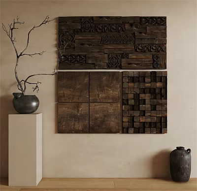 Natural Wooden Wall Decor With Carved Patterns And Spliced Panel Designs 3d model