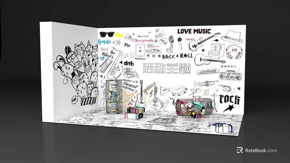 Interactive Zone with Graffiti Wall Hand Drawn Art Music Notes Microphone Guitar and Transparent Jars 3d model 