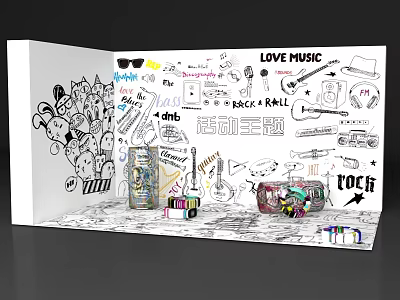 Interactive Zone with Graffiti Wall Hand Drawn Art Music Notes Microphone Guitar and Transparent Jars 3d model