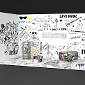 Interactive Zone with Graffiti Wall Hand Drawn Art Music Notes Microphone Guitar and Transparent Jars
