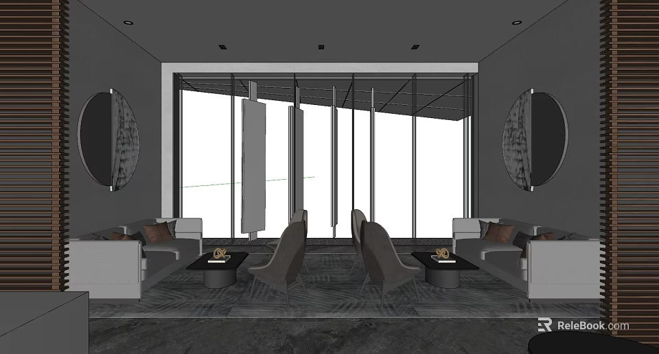 Modern Leisure Area Interior With Large Windows Sofas Chairs And Round Mirrors 3d model 