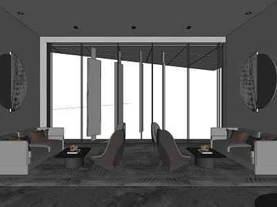 Modern Leisure Area Interior With Large Windows Sofas Chairs And Round Mirrors 3d model