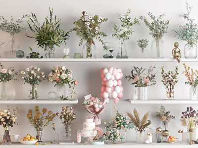 Elegant Multiple Interior Shelves With Various Vases Flowers Greenery And Pink Balloons 3d model