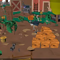 Cartoon Farm Scene with Red Barn Truck Ostrich Cactus Rabbit and Block Stack