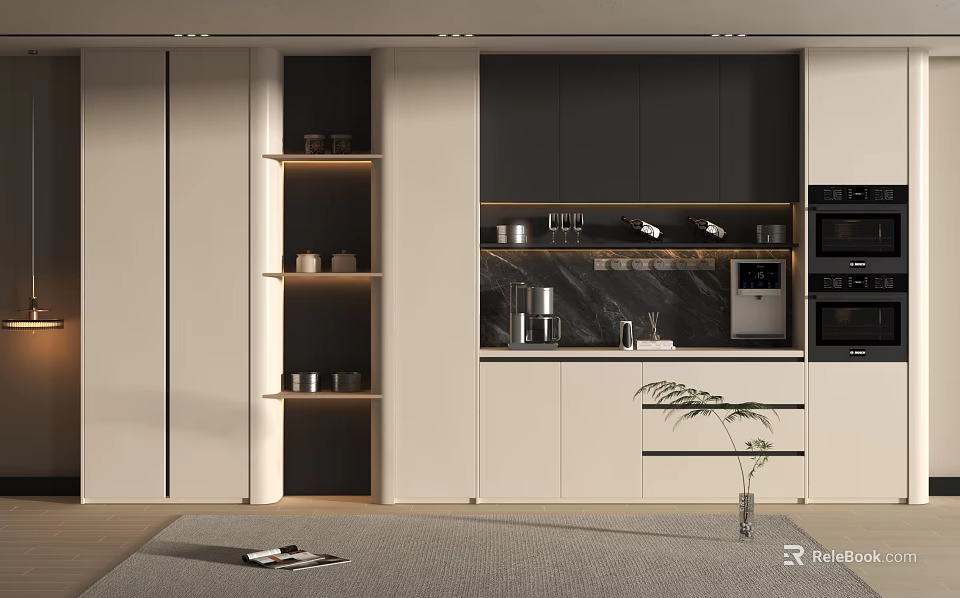 Modern Open Kitchen Wine Cabinet With Glass Doors Metal Racks And Wine Bottles 3d model 