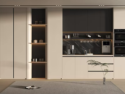 Modern Open Kitchen Wine Cabinet With Glass Doors Metal Racks And Wine Bottles 3d model