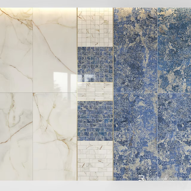 Modern Decorative Background Wall With White Marble Blue Patterned Tiles And Mosaic Design 3d model 