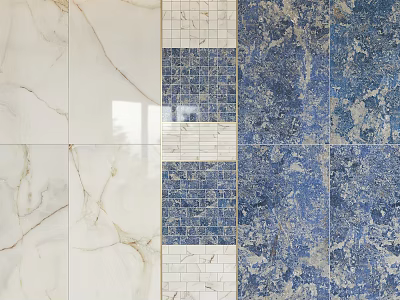 Modern Decorative Background Wall With White Marble Blue Patterned Tiles And Mosaic Design 3d model
