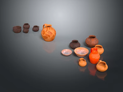 Traditional Ceramic Pottery Display With Various Sizes Orange Vases And Decorative Jars 3d model