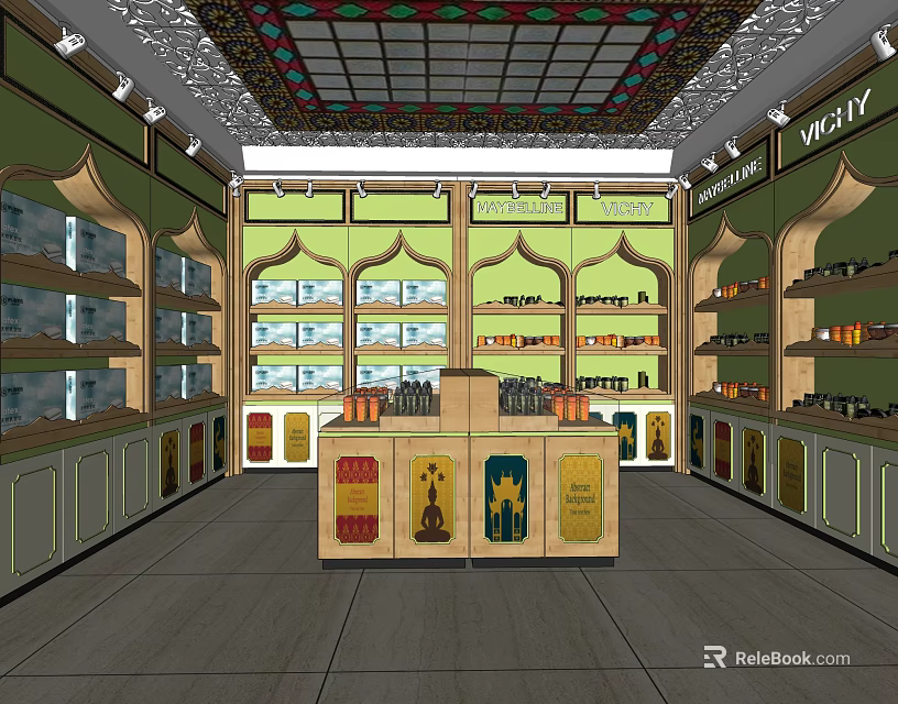 Elegant Specialty Store Interior With Decorative Ceiling Shelves Display Counter And Products 3d model 