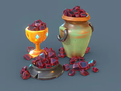 Elegant Decorative Ornament Set Featuring Yellow Cup Green Jar Scattered Red Gemstones And Diamond Decorations 3d model