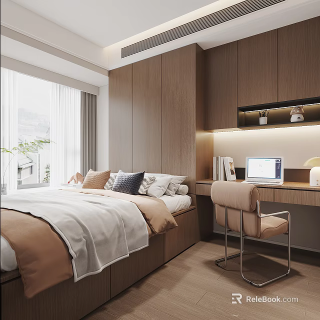 Cozy Tatami Bedroom Featuring Wooden Cabinets Tatami Bed Desk With Laptop And Natural Light 3d model 