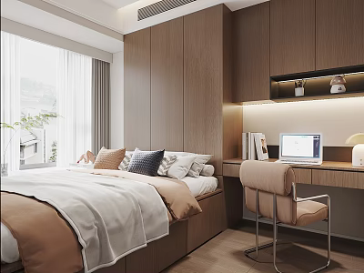 Cozy Tatami Bedroom Featuring Wooden Cabinets Tatami Bed Desk With Laptop And Natural Light 3d model