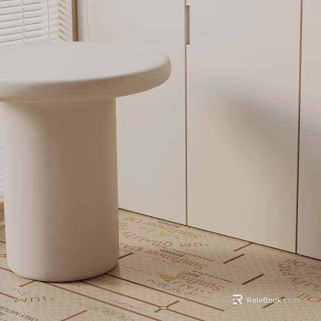 Sleek White Round Side Table With Cylindrical Base Near White Cabinets And Patterned Floor 3d model 
