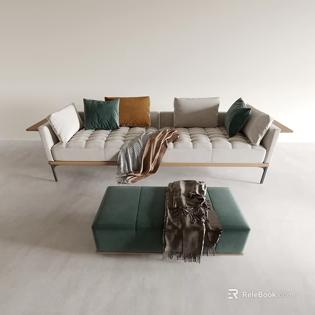 Modern Casual Sofa Set With Green Brown Gray Cushions Throw Blanket And Green Ottoman 3d model 