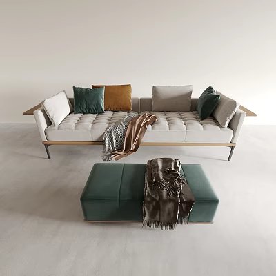 Modern Casual Sofa Set With Green Brown Gray Cushions Throw Blanket And Green Ottoman 3d model