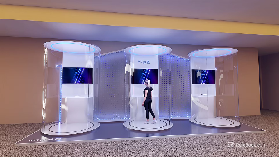 Modern Technology Exhibition With Transparent Display Booths Screens And Person Standing 3d model 