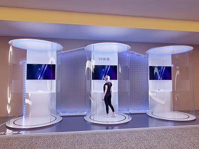 Modern Technology Exhibition With Transparent Display Booths Screens And Person Standing 3d model