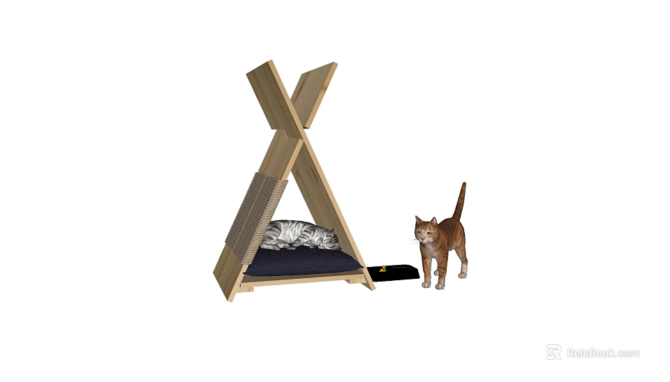 Comfortable Wooden X Shaped Cat Bed With Soft Cushion And Pet Scratcher 3d model 