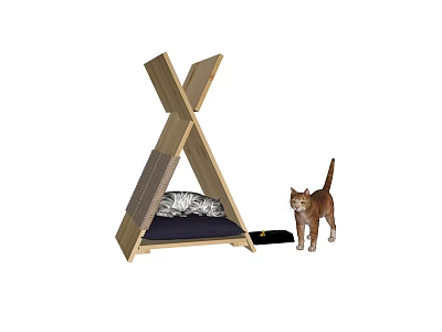 Comfortable Wooden X Shaped Cat Bed With Soft Cushion And Pet Scratcher 3d model