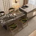 Modern Dining Table Set with Marble Top and Green Wooden Leg Chairs