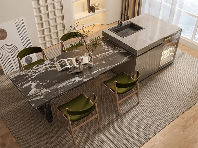 Modern Dining Table Set with Marble Top and Green Wooden Leg Chairs 3d model